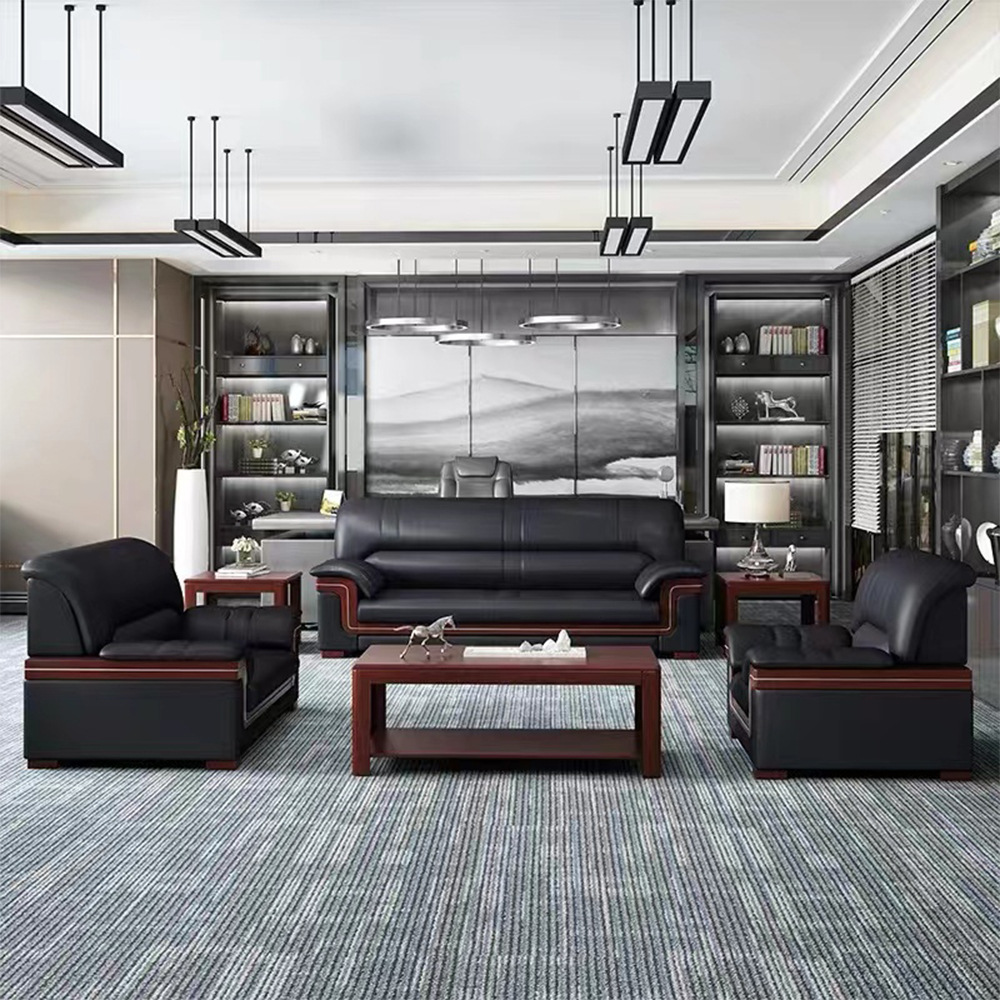 现代中式商务办公沙发茶几组合会客区接待洽谈室真皮办公沙发家具