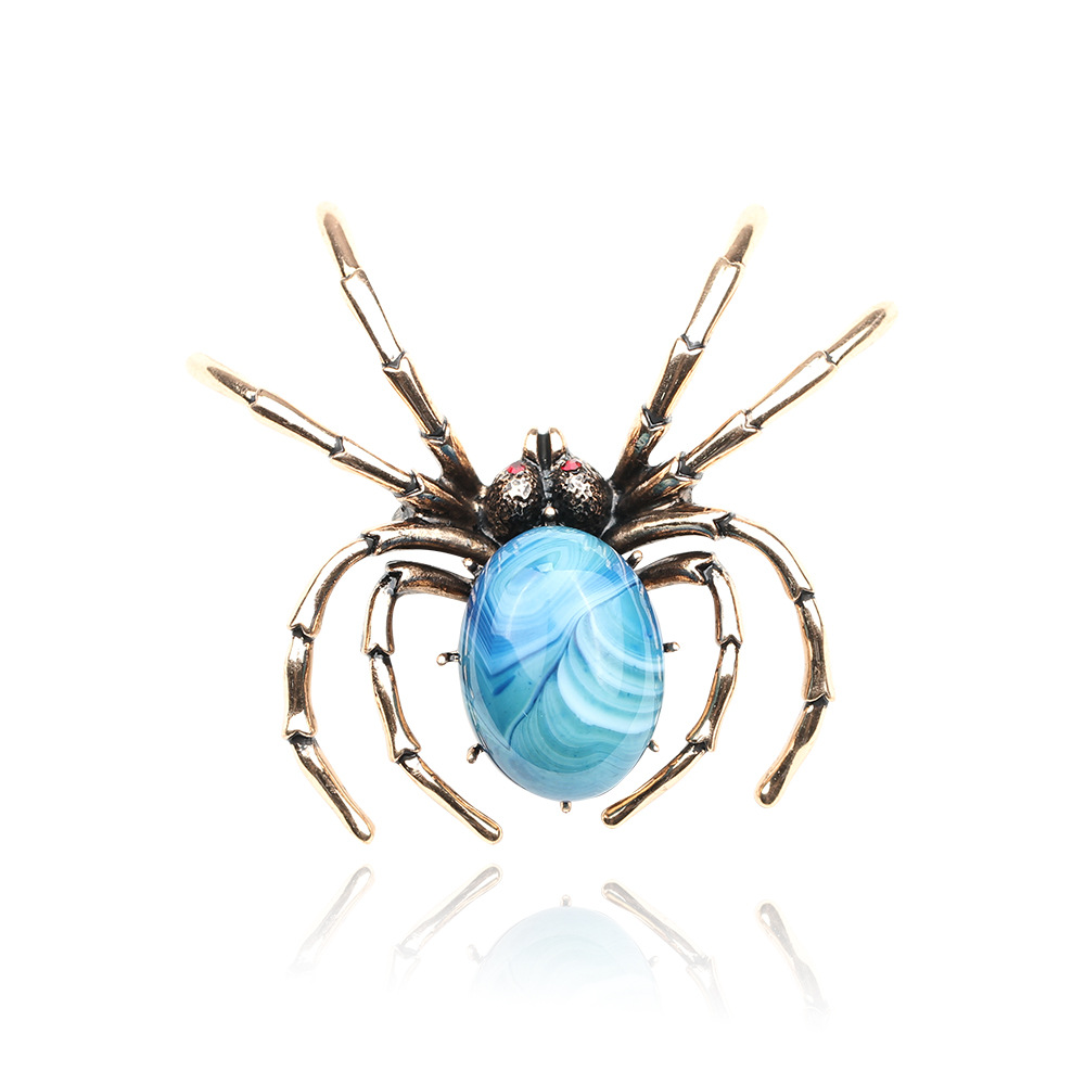 欧美复古个性蜘蛛胸针红蓝两色人造玛瑙高档昆虫别针男女同款饰品