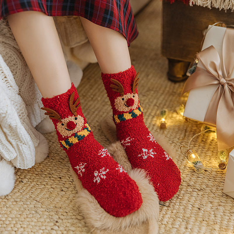 Socks3 Pairs of Christmas Gift Box Socks Autumn and Winter Thermal Coral Fleece Santa Claus Elk Parent-Child Home Room Socks Gift