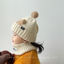 婴儿帽子围巾两件套可爱小熊秋冬男孩男宝宝冬季保暖加棉毛线帽潮