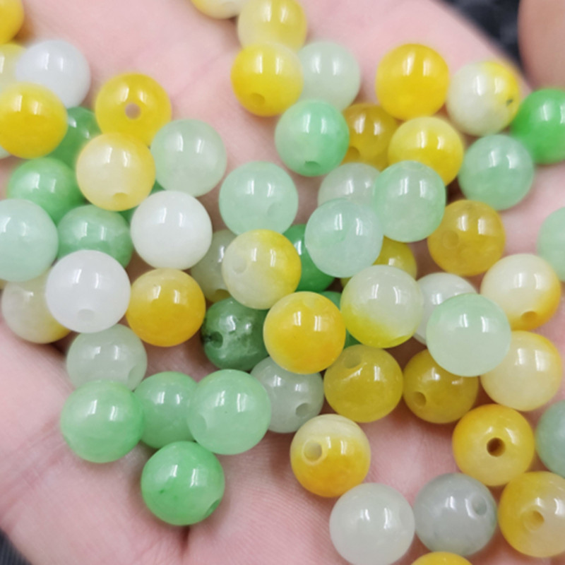 翠玉白底青圆珠玉石散珠8毫米黄斐珠子豆白色手链项链饰品配件珠