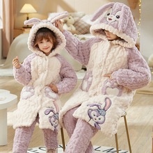 女童睡衣儿童冬季加绒加厚三层夹棉睡袍亲子母女装珊瑚绒保暖套装