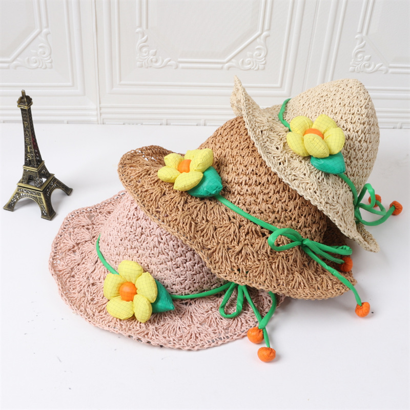 小爱心触角夏季韩版手工小清新海边防晒遮阳帽宝宝草帽太阳帽0610