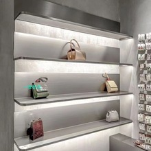 QY服装店展示架不锈钢拉丝墙上发光置物架带灯陈列一字隔板包包架