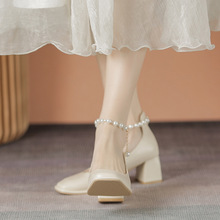 法式珍珠单鞋中跟伴娘鞋日常可穿高跟鞋仙女玛丽珍软底奶奶鞋