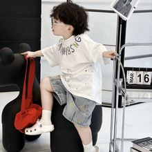 儿童套装韩版夏季新款男童洋气印花短袖牛仔短裤时尚百搭两件套潮
