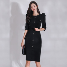 黑色职业女装2023春夏新款韩版修身气质单排扣时尚包臀连衣一步裙