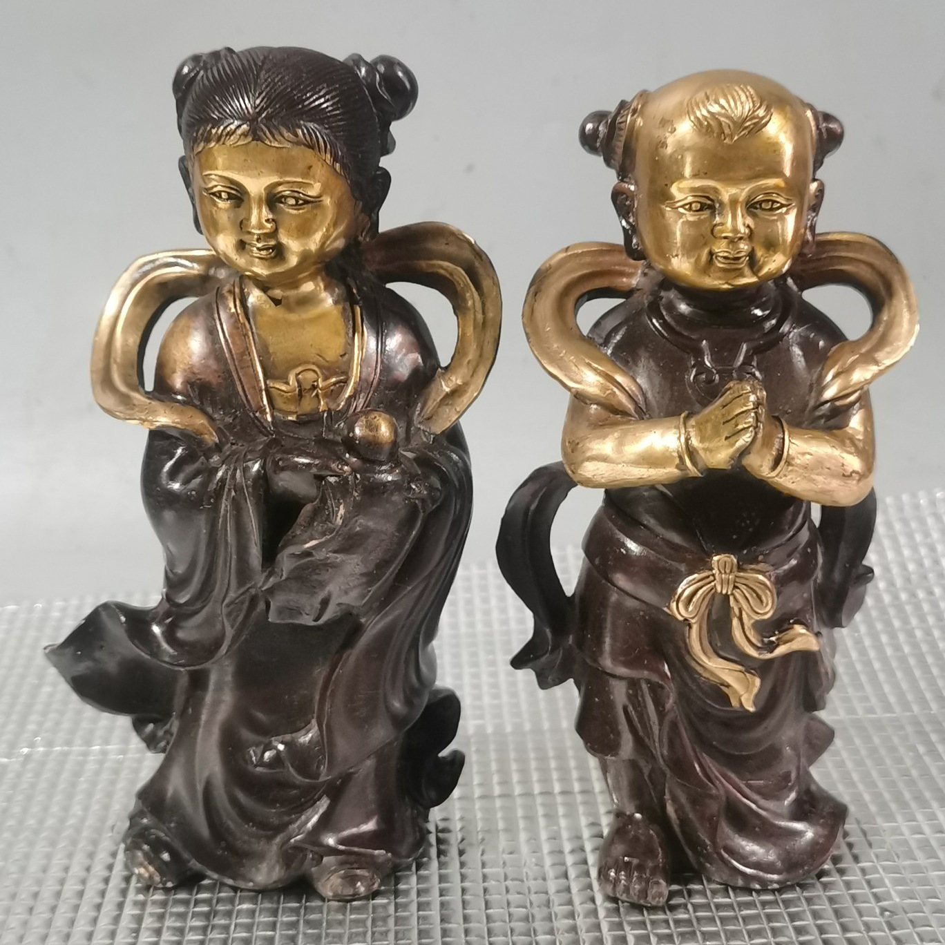 批发古玩铜器鎏金招财善财童子金童玉女供奉摆件做旧龙女佛像摆件
