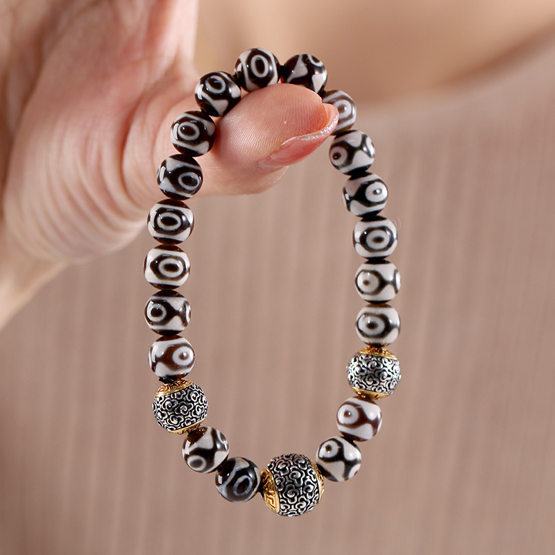925银三眼天珠手串男女款情侣手链 民族风复古祥云水草纹玛瑙手饰-阿