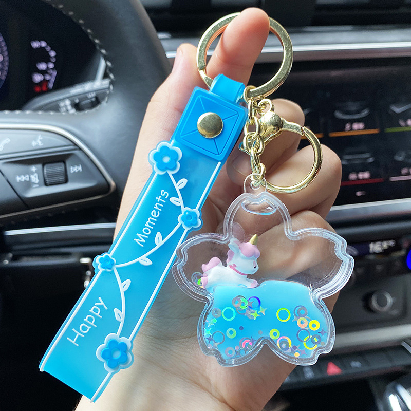 Cherry Blossom Oil Unicorn Keychain Liquid Quicksand Floating Key Chain Ring Net Red Cute Exquisite Pendant Wholesale