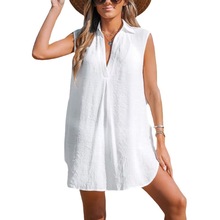 欧美亚马逊外贸女装海边清凉舒适防晒衣夏款中长款宽松V领衬衫