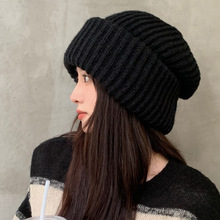 冬天帽子女秋冬季毛线帽大头围黑色冷帽保暖护耳月子粗针织堆堆霜