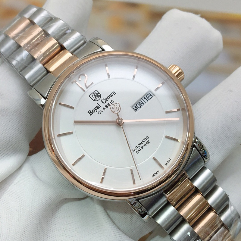 royal crown萝亚克朗经典时尚真皮表带锆石镶嵌机械女表8501p