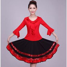 广场舞服装新款跳舞套装短裙中老年成人红色女舞蹈裙健美演出服