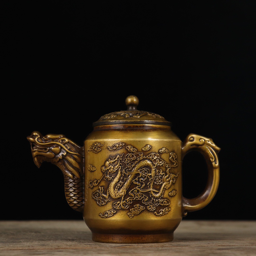 古韵斋 古玩古董铜茶壶复古纯铜大清龙壶手执功夫茶壶高浮雕龙凤