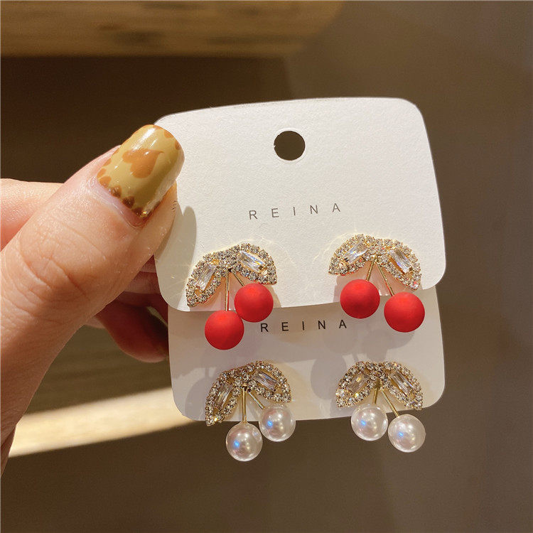 2021winter New Studs Women's Sterling Silver Needle Unique Design Cherry Unique Earrings Light Luxury Zircon Earrings