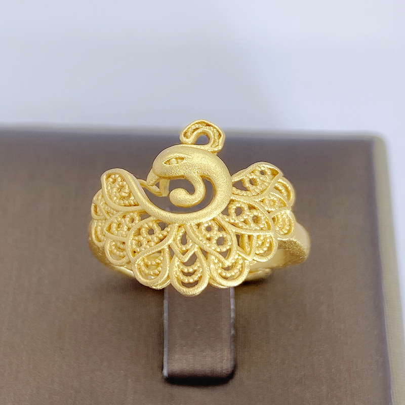 镂空凤尾戒指 越南沙金镀黄金典雅民族风动物孔雀开屏开口指环女