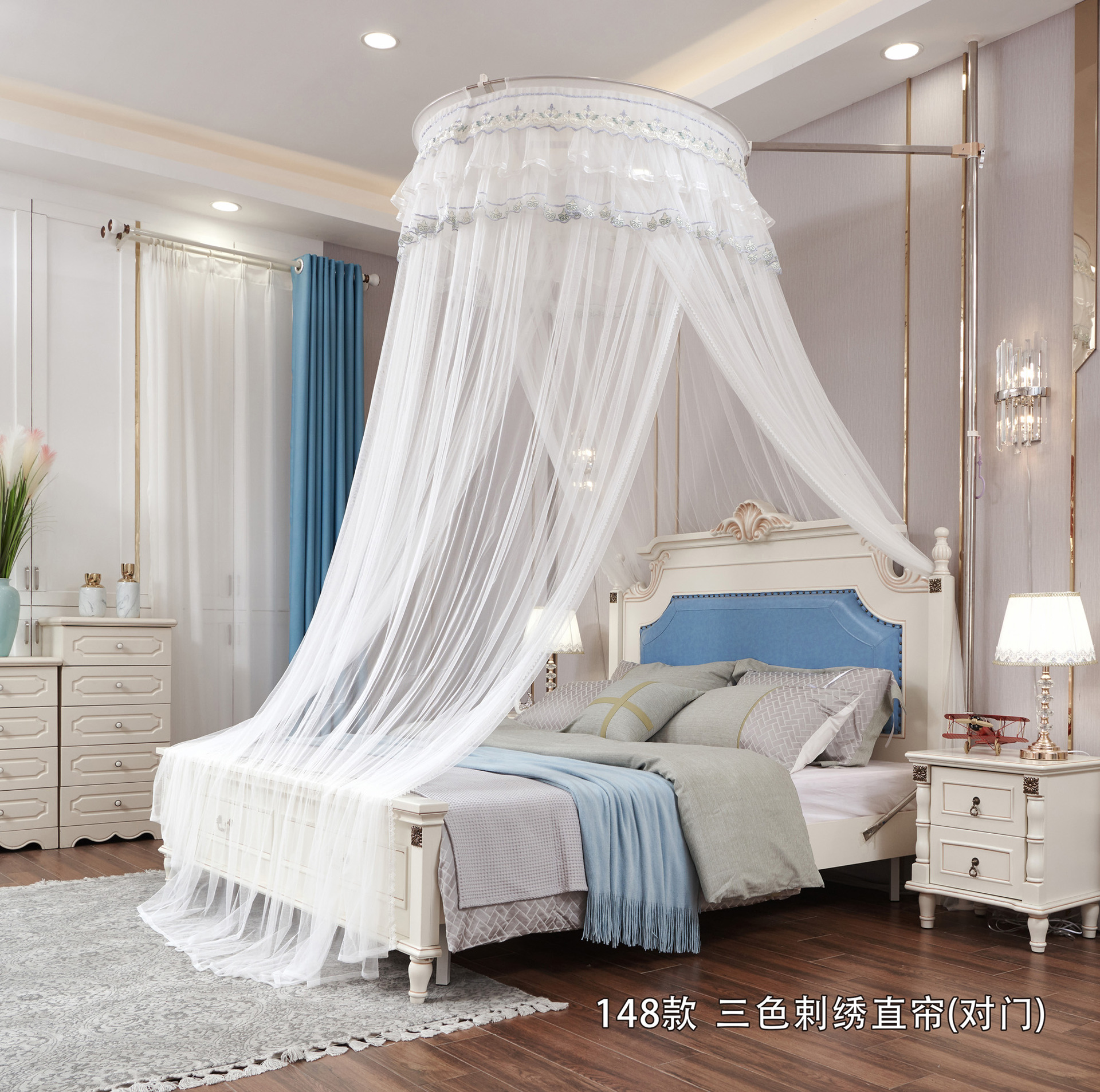 新款网红圆形圆顶罗伞蚊帐 不锈钢支架一体式 公主落地家用床幔帐