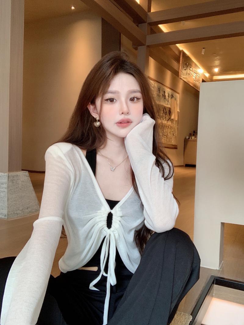 纯欲风时尚套装女夏季性感挂脖背心v领抽绳长袖短款针织衫潮