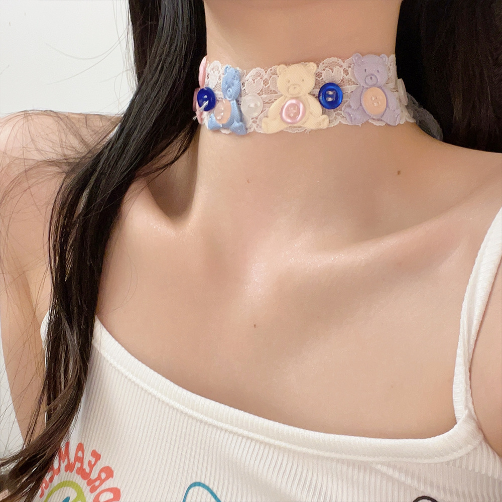 原创可爱小熊钻石绑带项链女y2k性感颈链个性锁骨链choker项圈潮