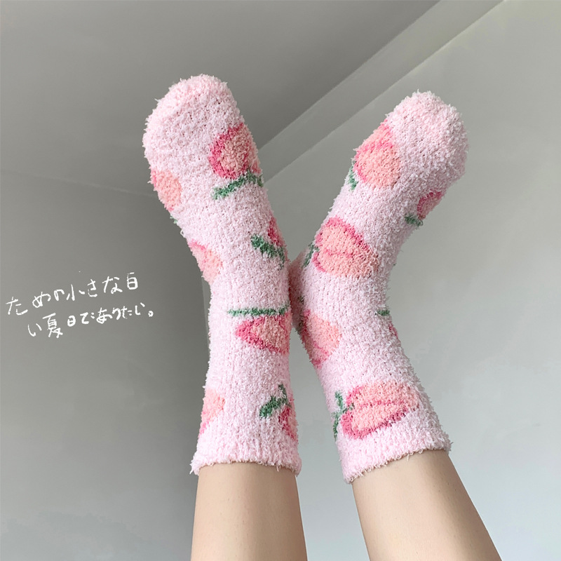 Coral Fleece Socks Female Fruit Mousse Tide Female Middle Tube Socks Winter Thickened Velvet Padded Home Confinement Sleeping Socks