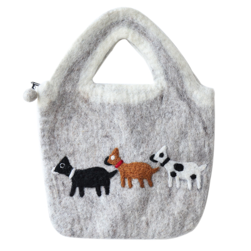 尼泊尔可爱手工羊毛毡包零钱包小狗手拿包手机包手提袋戳戳乐