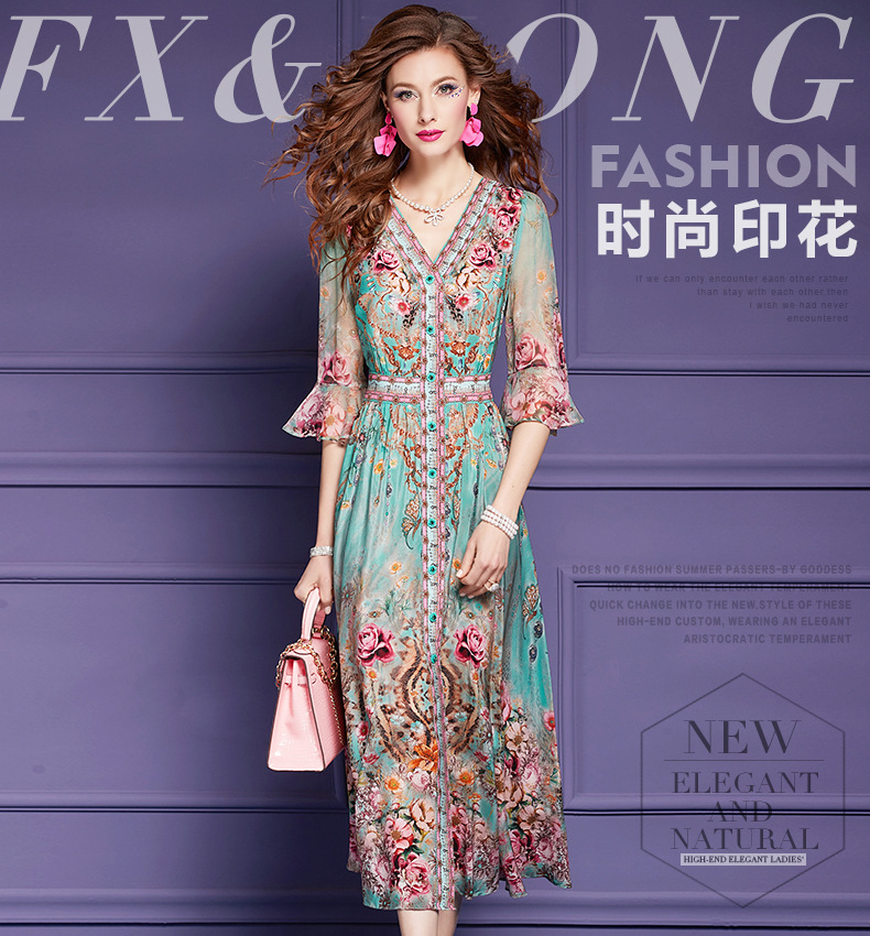 菲梦伊100桑蚕丝印花连衣裙女夏季民族风复古重磅双绉真丝长裙子