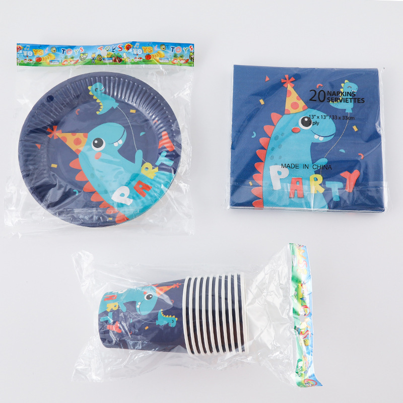 New Dinosaur Three-Piece Set Paper Pallet Paper Cup Tissue Set Birthday Party Supplies Scene Layout Decoration Set