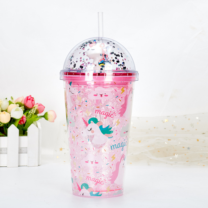 Cup with Straw Double-Layer Cartoon Microview Tumbler Internet Celebrity Unicorn Plastic Cup Gift Wholesale