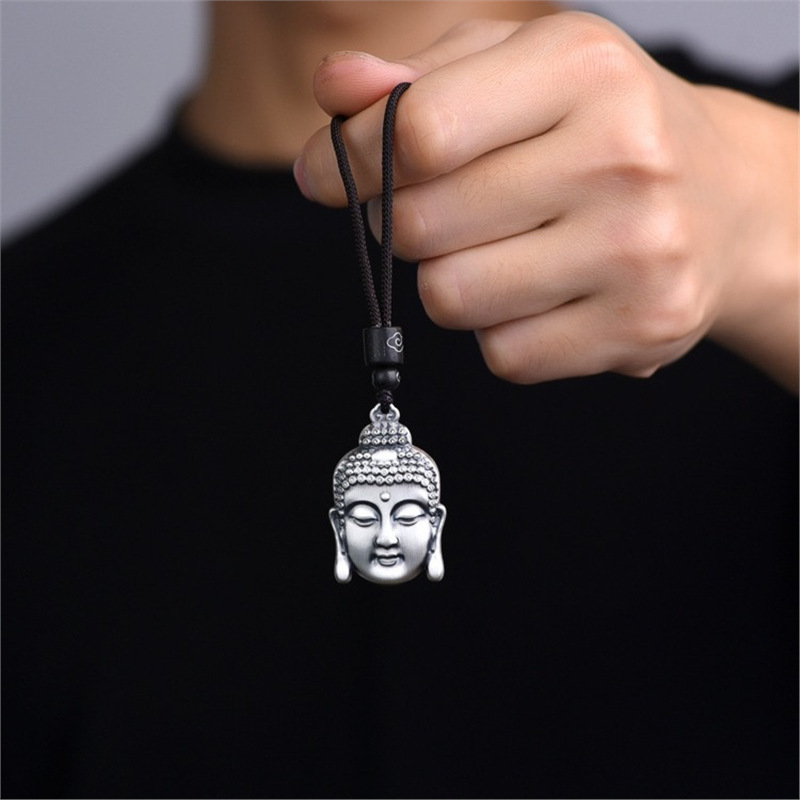 精品999纯银观音头吊坠男女潮款复古泰银实心项链佛头的挂坠饰品
