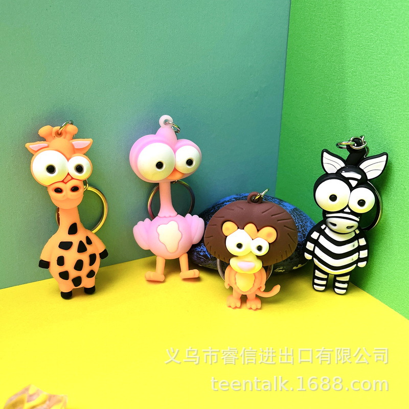 5128# Cartoon Funny Eye-Popping Animal Doll Keychain Giraffe Lion Zebra Monkey Elephant Ostrich Pendant