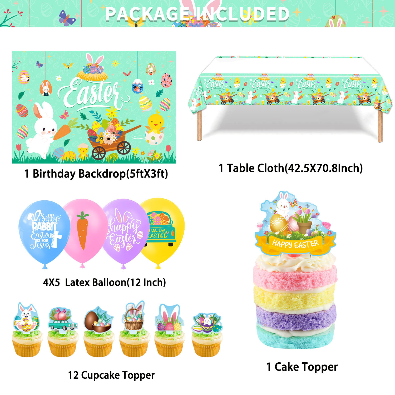 Easter Party Decoration Supplies Easter Background Fabric Tablecloth Cake Size Inserts Rubber Balloons Set