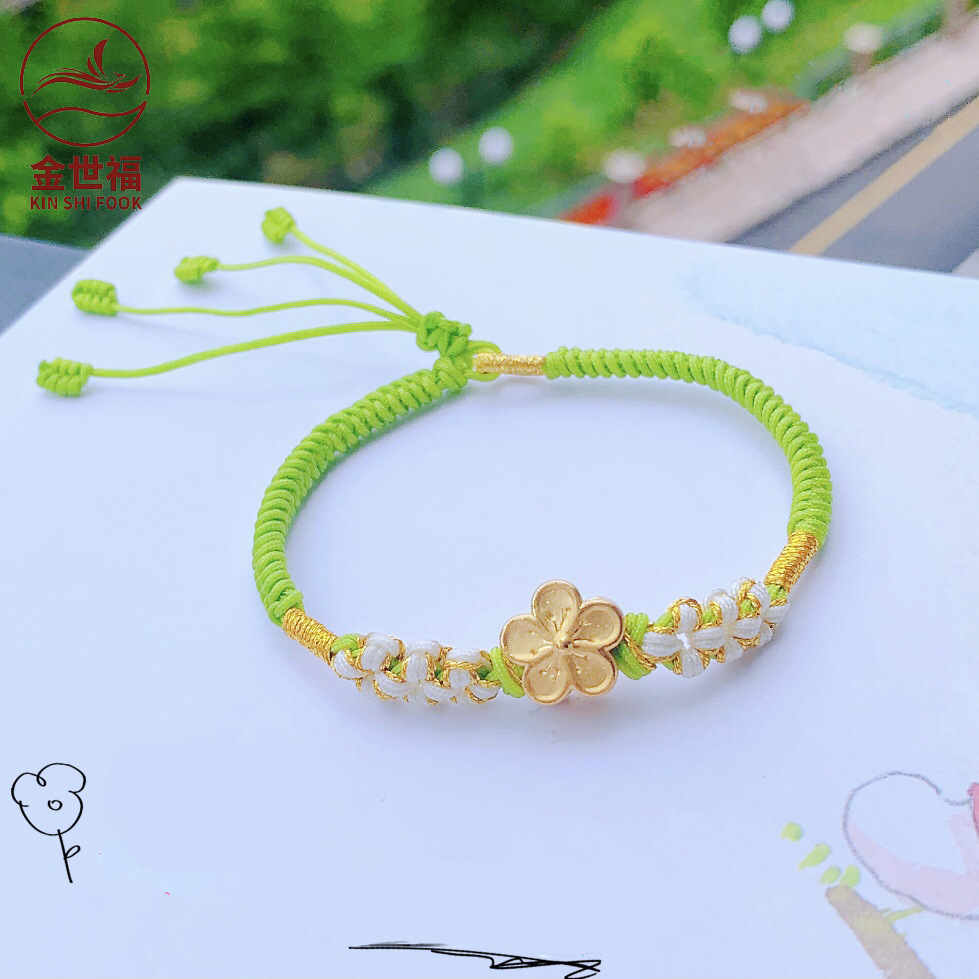 黄金999足金桃花硬金编绳手链24k纯金3d硬金小花路路通厂家直销