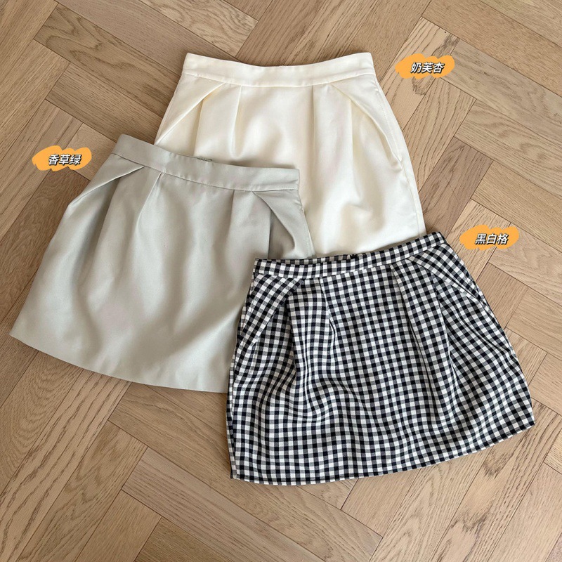 韩国新款经典系黑白格短款半身裙女夏季设计感百搭休闲花苞短裙子