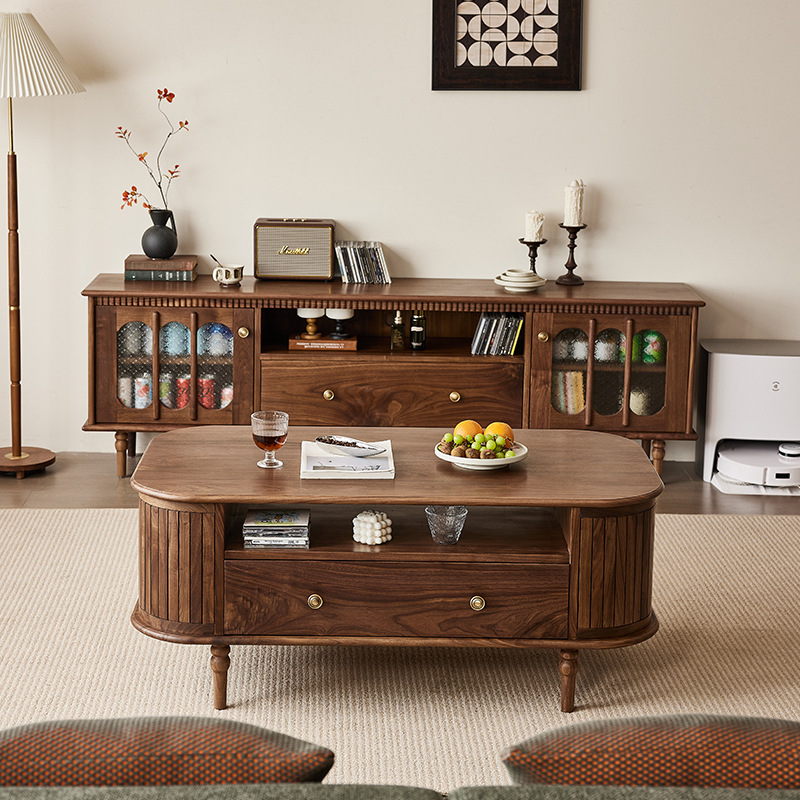 北美黑胡桃木实木茶几樱桃木原木法式复古客厅家用小户型中古茶几