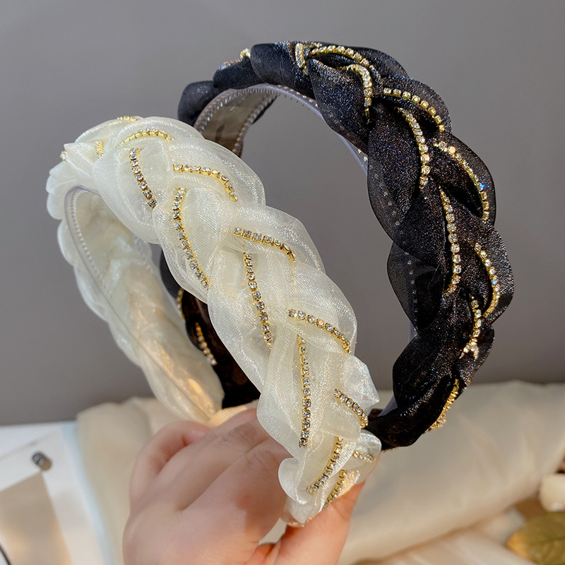 New Korean Mesh Chain Twist Organza Headband Rhinestone High Skull Top Headband 2023 Lace Headdress for Women