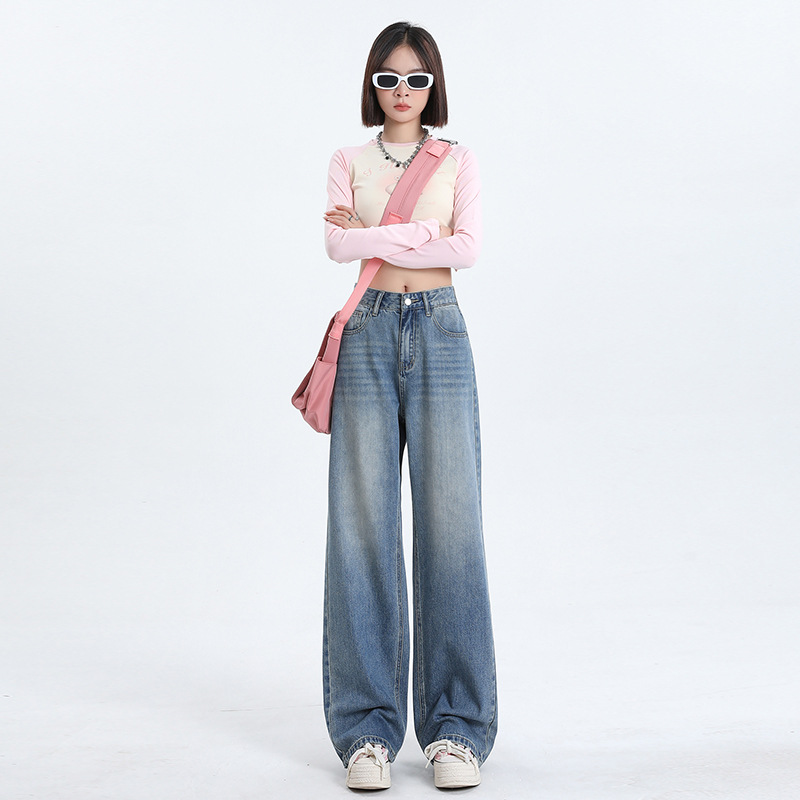 Licshe# Dark Blue Design Narrow Wide-Leg Jeans Women's Loose Straight Drooping All-Matching Figure Flattering Mopping Pants