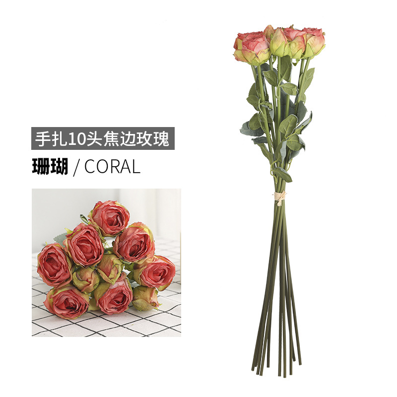 New Chinese Style Home Decorative Artificial Hand Tie 10-Head Burnt Edge Rose Bride Holding Artificial Artificial Flower White Rose