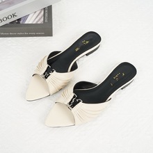 2025 Slippers Slides真皮底YS字母L平底尖头拖鞋女褶皱面高品质