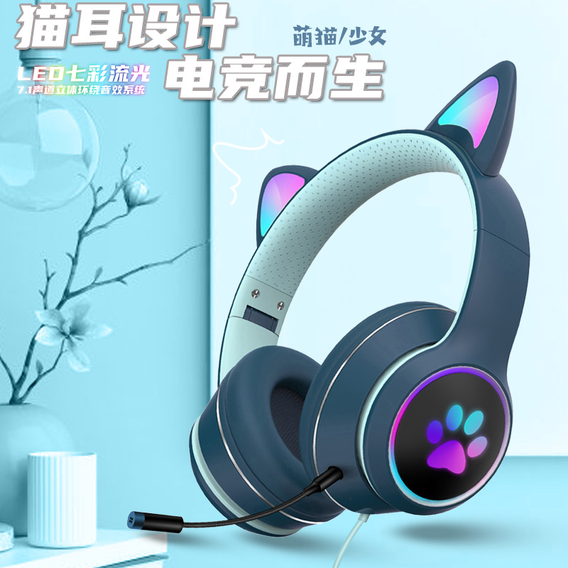 AKZ-022 Cross-Border E-Commerce New Cat Ear Headset Computer Headset Double Microphone E-Sports Game Luminous Headset