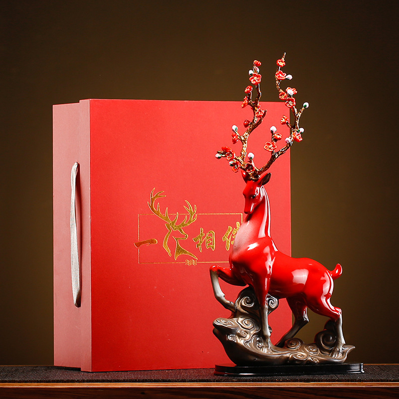 New Chinese Style Large Ceramic Fortune Deer Decoration Sika Deer Living Room Wine Cabinet Entrance Office Desk Surface Panel High-End Decoration