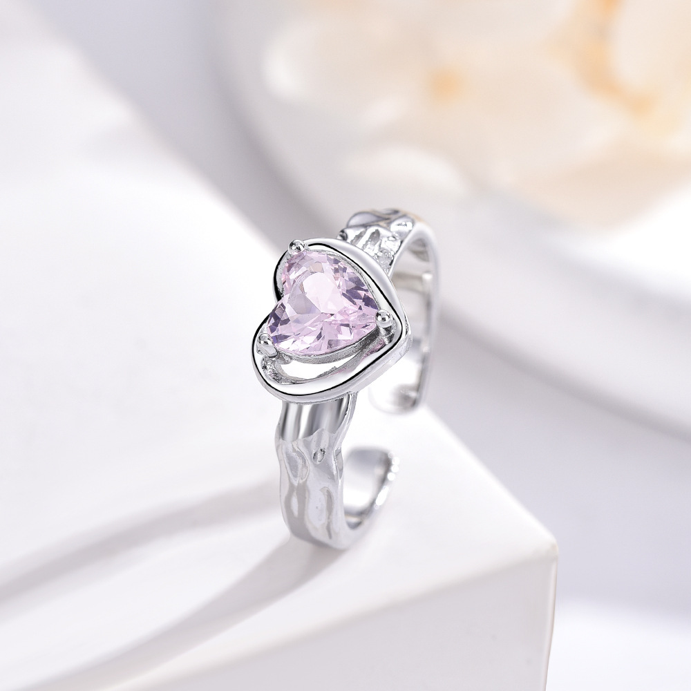 爱心镶嵌粉色彩宝开口戒指女仿真心形托帕石钻戒个性时尚百搭指环