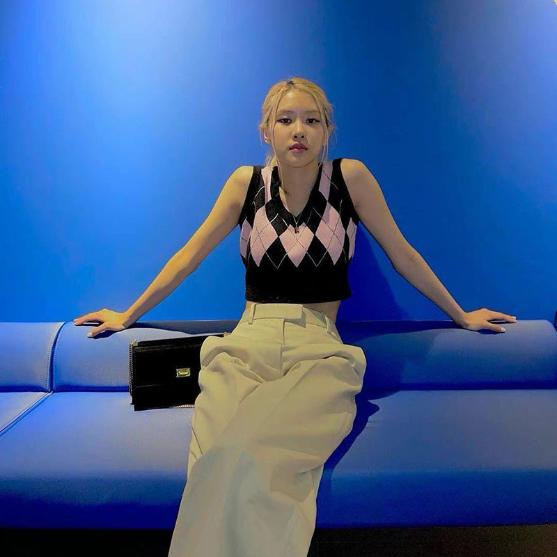 blackpink朴彩英rose同款粉色菱格马甲背心女v领复古学院风针织衫