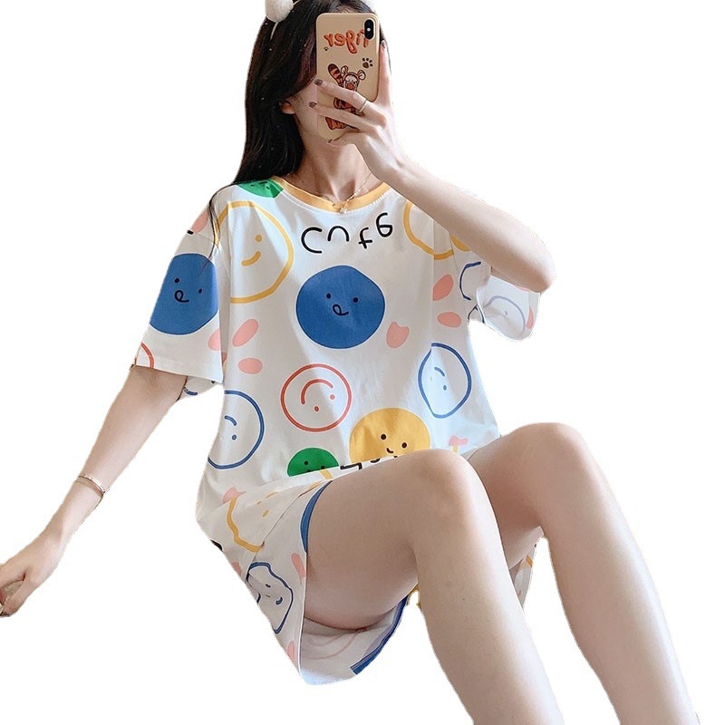 2021 New Summer Pajamas Women's Short Sleeve Thin Ins Style Home Wear Summer Cute Student Two-Piece Suit