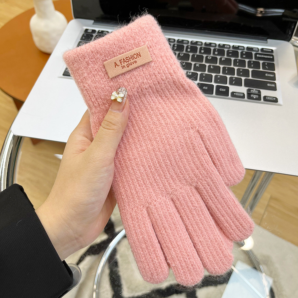 South Korea Knitted Knitting Wool Gloves Women's Cold Protection in Winter Thickened Fleece-lined Candy Color Cycling Touch Screen Exposed Finger Five Fingers