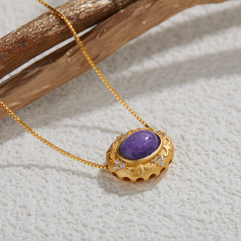 日系轻奢热销复古吊坠s925银镶天然紫龙晶石简约高贵气质百搭项链