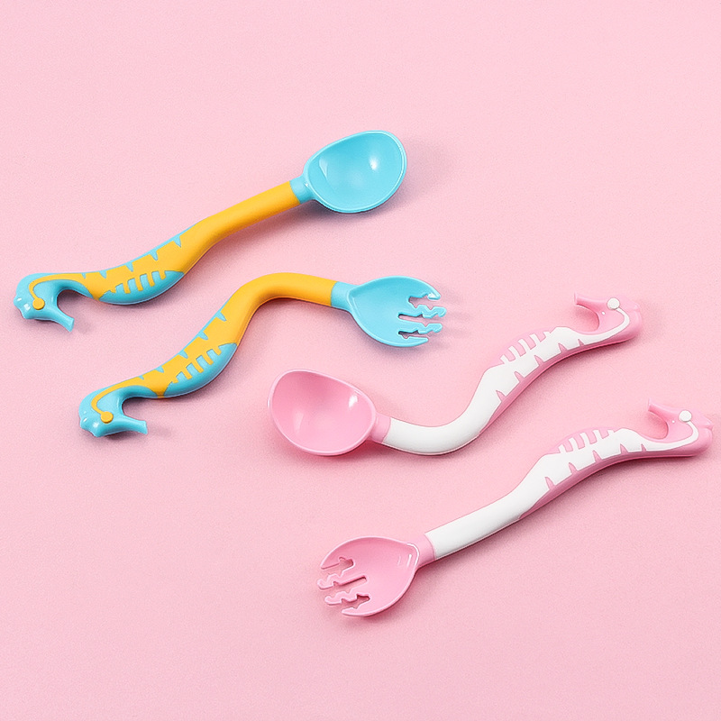 Children‘s Twist Spoon Cute Cartoon Twist Spoon Baby Learning Complementary Food Spoon and Fork Set Feeding Curved Spoon Fork