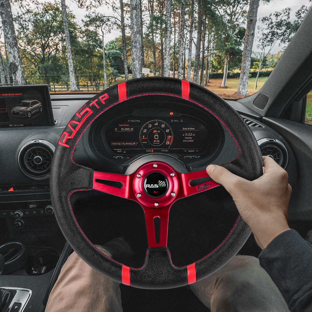 跨境rastp汽车改装个性改装仿竞技赛车四季方向盘14英寸35cm手缝
