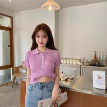夏季韩版新款短款螺纹针织衫POLO领纽扣纯色学生短袖T恤上衣女装