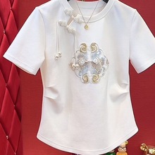 夏季短袖T恤女2024新款中国风时尚小众褶皱中式盘扣宽松显瘦上衣